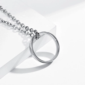 Minimalist silver titanium steel ring pendant necklace with polished circle on O-chain