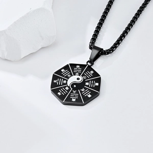 Vintage black stainless steel Tai Chi Bagua pendant necklace with beaded chain