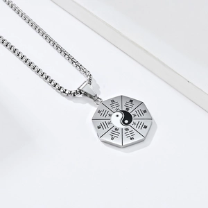 Vintage stainless steel Tai Chi Bagua pendant necklace with Yin Yang symbol and octagonal design