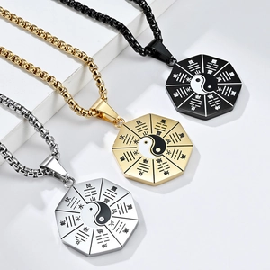 Vintage stainless steel Tai Chi Bagua pendant necklaces in gold silver and black colors