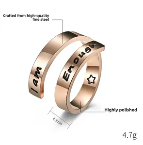 Macro detail of 4.5mm rose gold ring showing I Am Enough engraving and dimensions