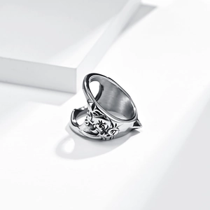 Gothic rose relief rhino head titanium steel ring in vintage silver finish on white stand