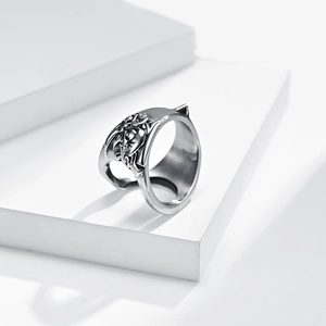 Rhino-shaped stainless steel self-defense ring with gothic relief and matte finish