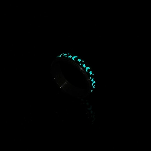 Luminous stainless steel rotating ring with stars and moon glow in the dark effect