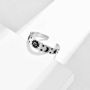 Bague ajustable unisexe en acier inoxydable avec motifs soleil lune et étoiles en émail