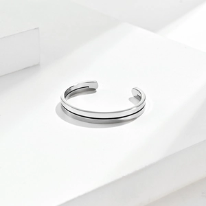 Detailed macro view of minimalist silver stainless steel ring with black line inlay detail