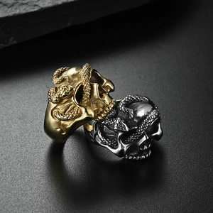 Hip-hop skull and snake ring in vintage gold and silver finish with punk gothic style