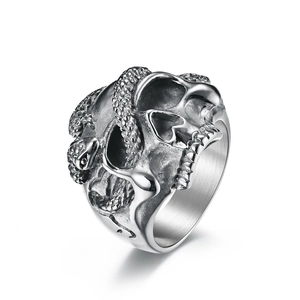 Gothic punk style stainless steel ring featuring a skull and serpent in silver finish