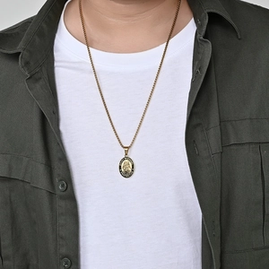 Saint Michael Protect Us engraved gold stainless steel pendant necklace for men