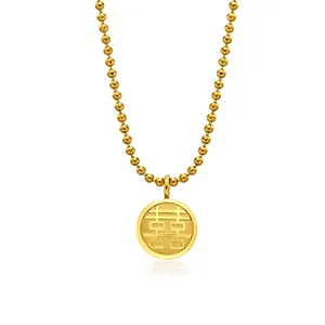 Chinese Traditional Double Happiness Fu Necklace 18K Gold Plated Stainless Steel Round Pendant Fortune Women Lucky Jewelry Gift
