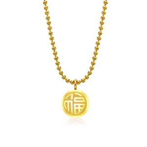 Golden titanium steel ball chain necklace with double-sided Fu pendant for women