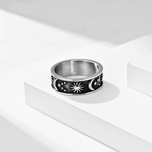 Bague en Acier Inoxydable Bohème Soleil Lune Étoile Relief Céleste pour Hommes Femmes Bijoux Astrologiques Vintage