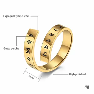 Detailed macro view of 5mm golden viking rune ring with polished stainless steel finish