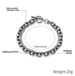 Detail view of 8mm stainless steel double layer chain bracelet with T-bar OT clasp