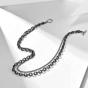 Retro gun black double-layer stainless steel necklace with OT toggle clasp for women and men