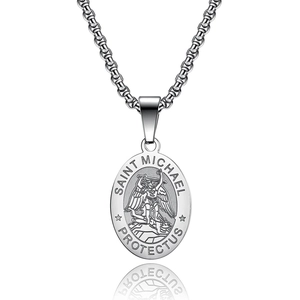Saint Michael Protector Medal Pendant Necklace Stainless Steel Religious Amulet Guardian Angel Oval Pendant Necklace Jewelry Gift For Men Women