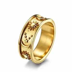 Boheems Roestvrij Staal Ring Zon Maan Ster Reliëf Hemelse Bandring Voor Mannen Vrouwen Vintage Astrologische Sieraden