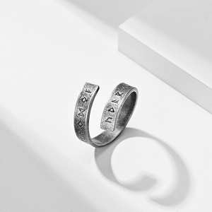 Vintage Nordic Viking Rune ring in oxidised stainless steel with adjustable open band