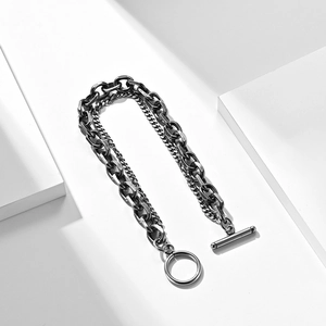 Double layer stainless steel chain bracelet with silver finish and decorative OT clasp