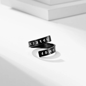 Matte black stainless steel Viking ring with engraved silver Runic symbols in wrap style