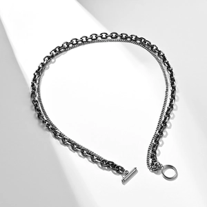 Vintage double layer stainless steel chain necklace with minimalist OT toggle clasp