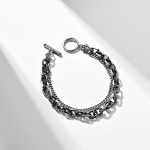 Minimalist double layer stainless steel chain bracelet with vintage OT toggle clasp design