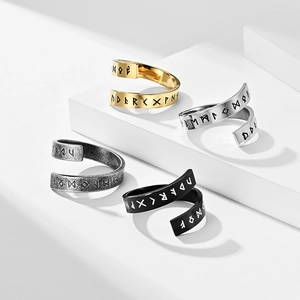 Nordic Viking runes stainless steel open rings in gold, silver, and black finishes