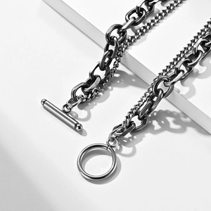 Retro double-layer stainless steel link chain necklace with minimalist OT toggle clasp