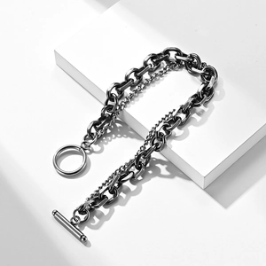 Unisex stainless steel double layer chain bracelet with vintage T-bar toggle closure