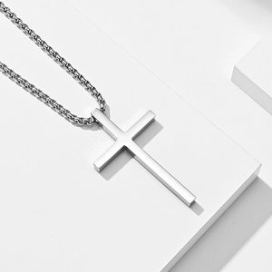 Polished stainless steel cross pendant necklace with box chain for men and women