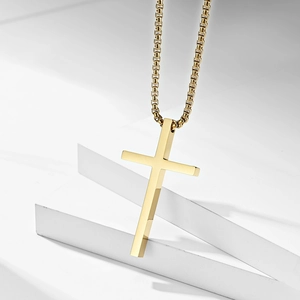 Minimalist gold stainless steel cross pendant necklace with a polished box chain for unisex