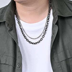 Vintage gun-black double-layer stainless steel necklace set with cuban and o-chains on model