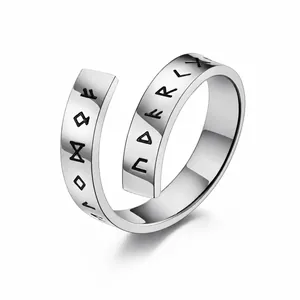 Vintage Nordic Viking Rune Stainless Steel Open Ring For Men Women Retro Mythology Geometric Adjustable Finger Jewelry Gift