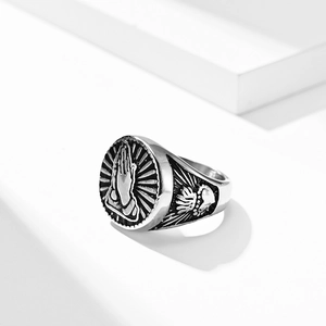 Men's vintage stainless steel prayer hands signet ring with religious relief design