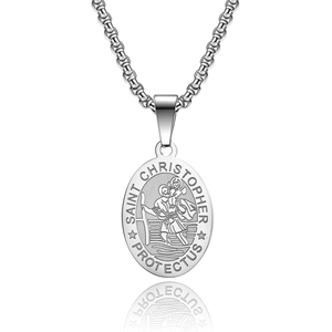 Saint Christopher pendant necklace made of stainless steel with protective text