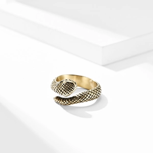 Vintage gold rattlesnake ring in stainless steel with detailed snake scale textures
