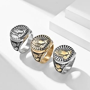 Vintage stainless steel praying hands men's rings in silver, gold, and mixed color finish