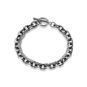 Unisex Double Layer Stainless Steel Chain Bracelet Industrial Style Toggle Clasp Distressed Minimalist Fashion Jewelry