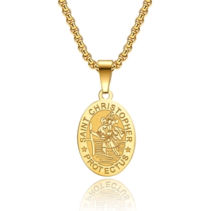 Golden Saint Christopher medal pendant necklace with textured link chain in stainless steel