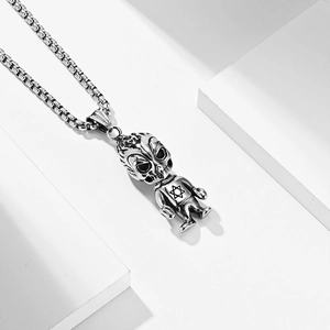 Pendentif squelette de diable à hexagramme rétro en acier inoxydable mat avec chaîne