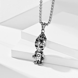 Collier avec pendentif diable vintage en argent, hexagramme et chaîne vénitienne