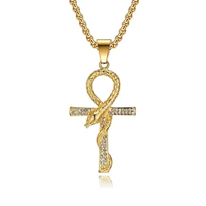 Vintage Edelstahl Ankh Kreuz Anhänger Halskette Mit Schlange Design Strass Eingelegt Gothic Religiöser Schmuck Für Herren Damen