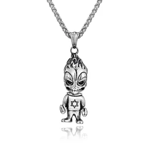 Collier Pendentif Humanoïde Crâne Dessin Animé Acier Inoxydable Punk Hip Hop pour Hommes Femmes Bijoux Pendentif Hexagramme Antique