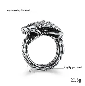 Detail of gothic dragon ring showing 13mm width and 20.5g weight on polished steel
