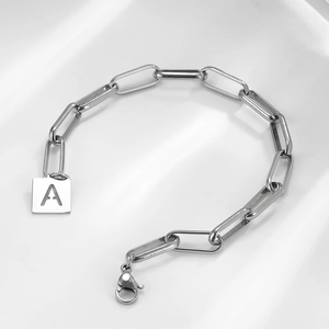 Minimalist silver stainless steel paperclip chain bracelet with square letter A pendant
