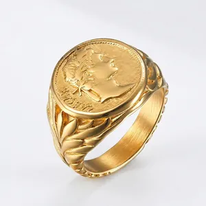 Vintage Roman Empire Caesar Coin Signet Ring Stainless Steel Relief Portrait Laurel Leaf Band Men Ancient Greek Jewelry