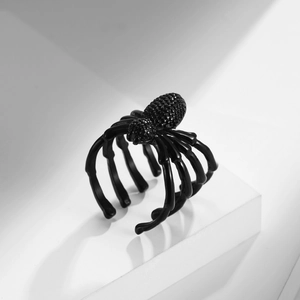 Gothic black spider ring in matte finish with adjustable open band for punk style