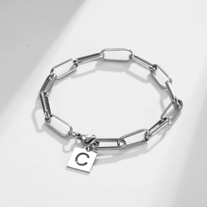 Elegant silver paperclip chain bracelet with a square initial C pendant for women