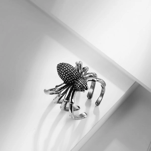 Detailed view of vintage spider ring with realistic textured body and adjustable band