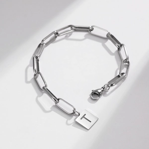 Minimalist silver paperclip chain bracelet with a square T-letter pendant for women